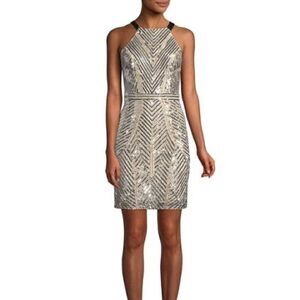 NWT Aidan Mattox Champagne Beaded Cocktail Dress Size Small
